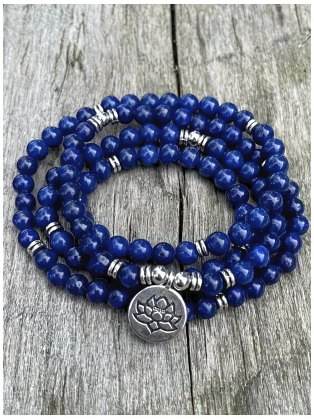 NWT Boho Lapis Lazuli Bracelet 108 Beads Long Lotus Charm Handmade